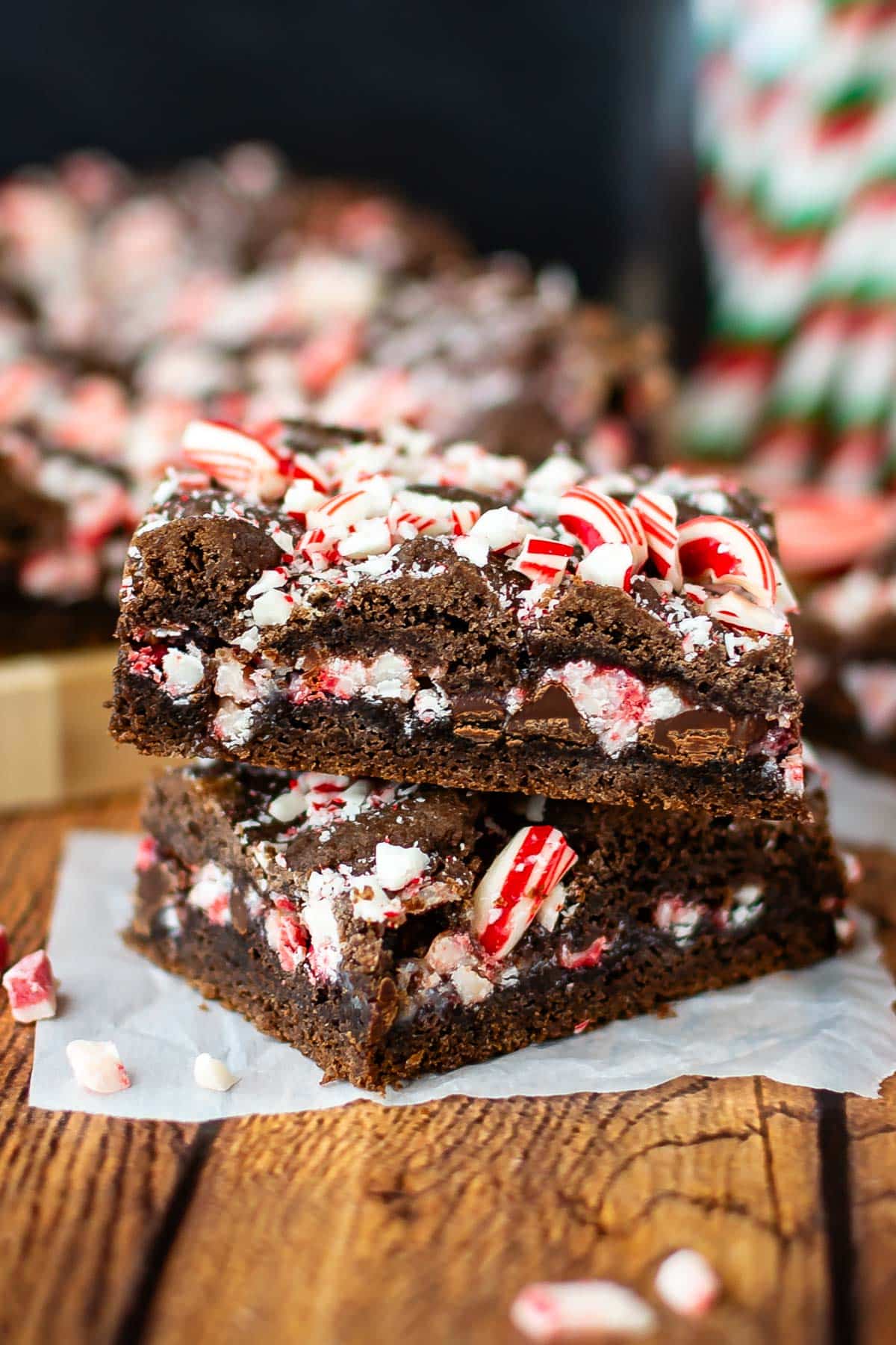 stacked brownies with peppermint crushed on top.