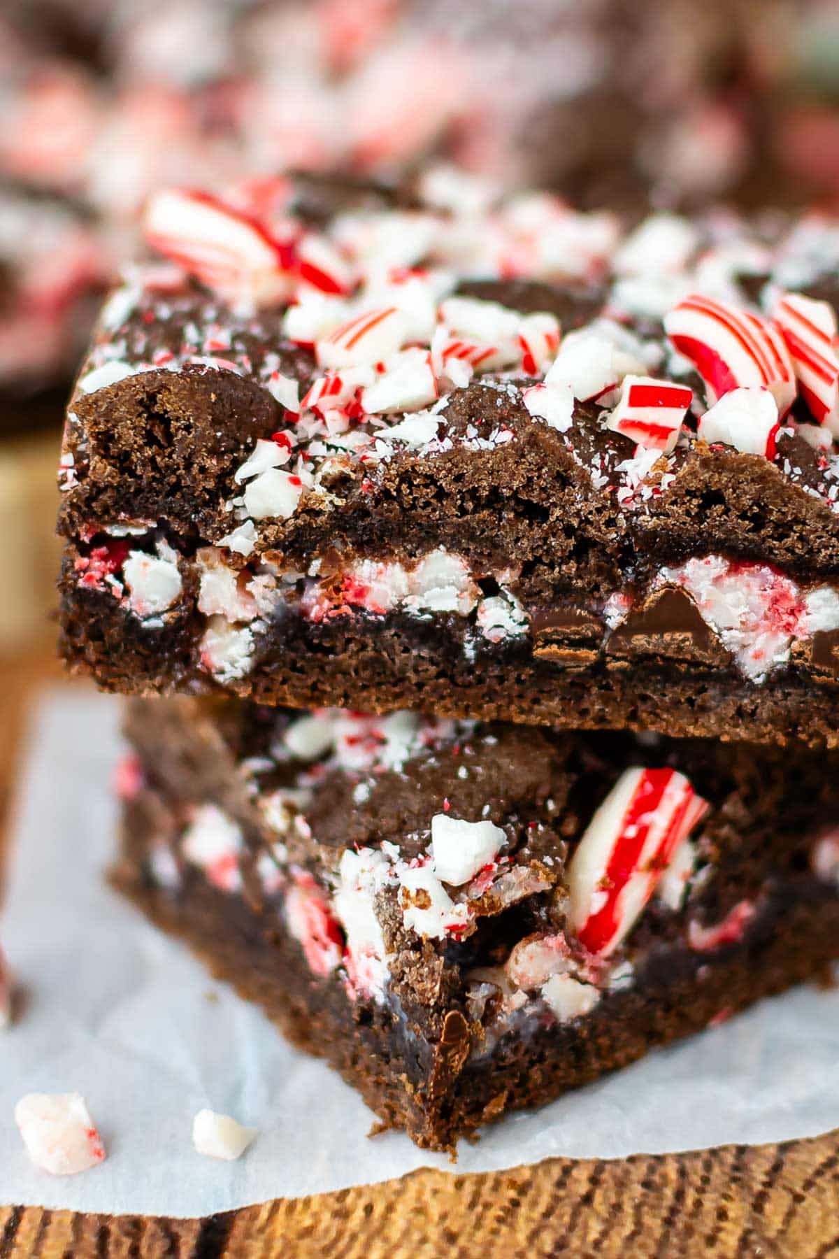 stacked brownies with peppermint crushed on top.