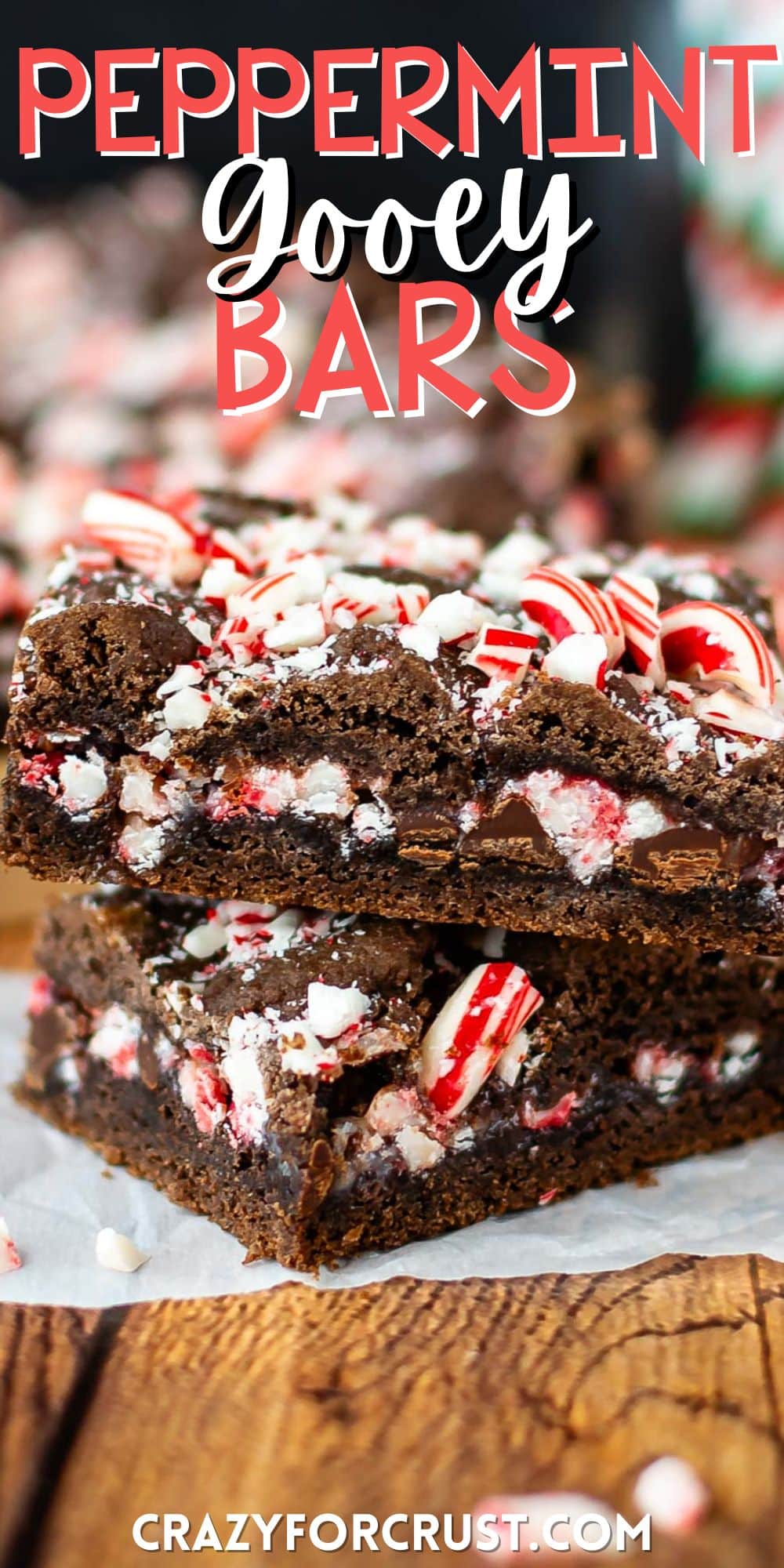 stacked brownies with peppermint crushed on top with words on the image.