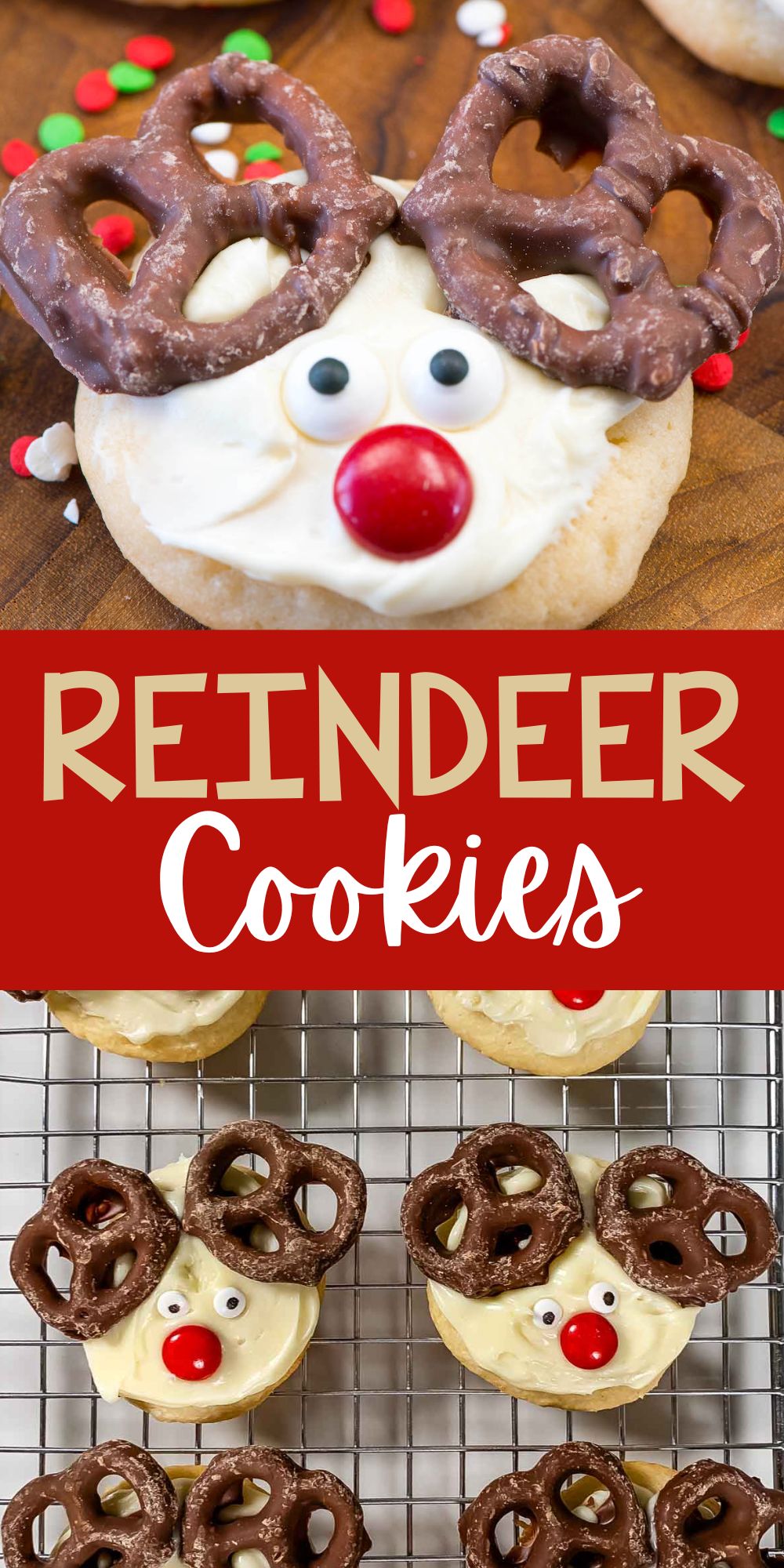 two photos of cookie with white frosting and candy on top to make the cookie look like a reindeers face with words on the image.