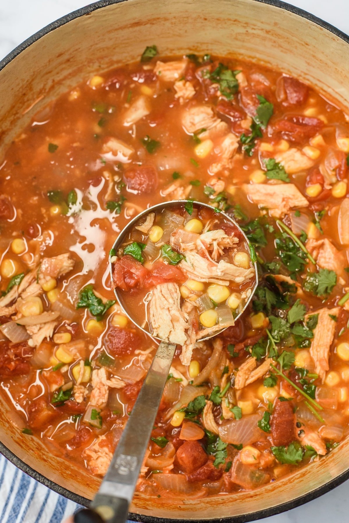 salsa soup mixed with chicken and corn in a bowl.
