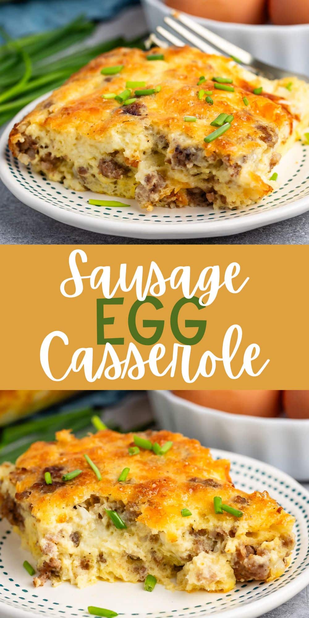 two photos of egg casserole with sausage baked in on a white plate with words on the image.