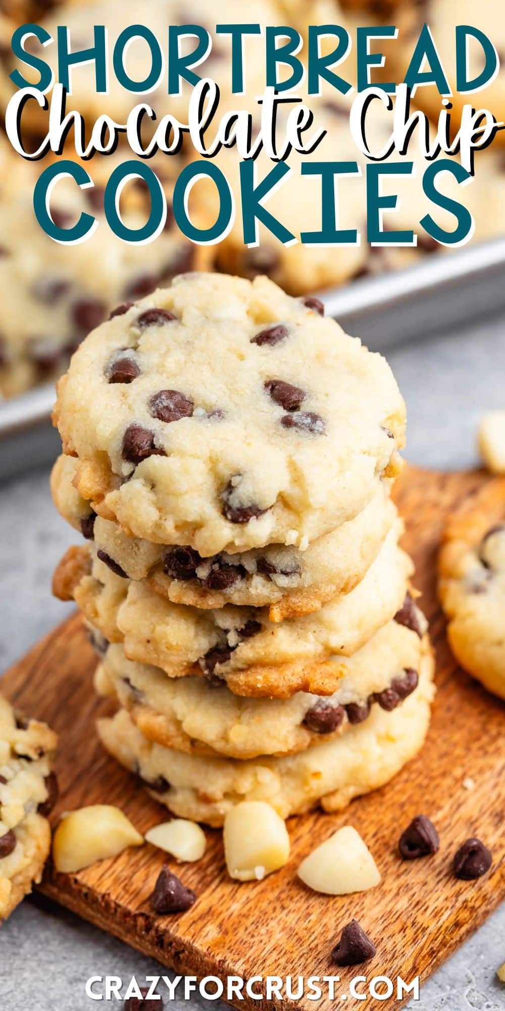 stacked cookies with chocolate chips baked into the cookie on a cutting board with words on the image.