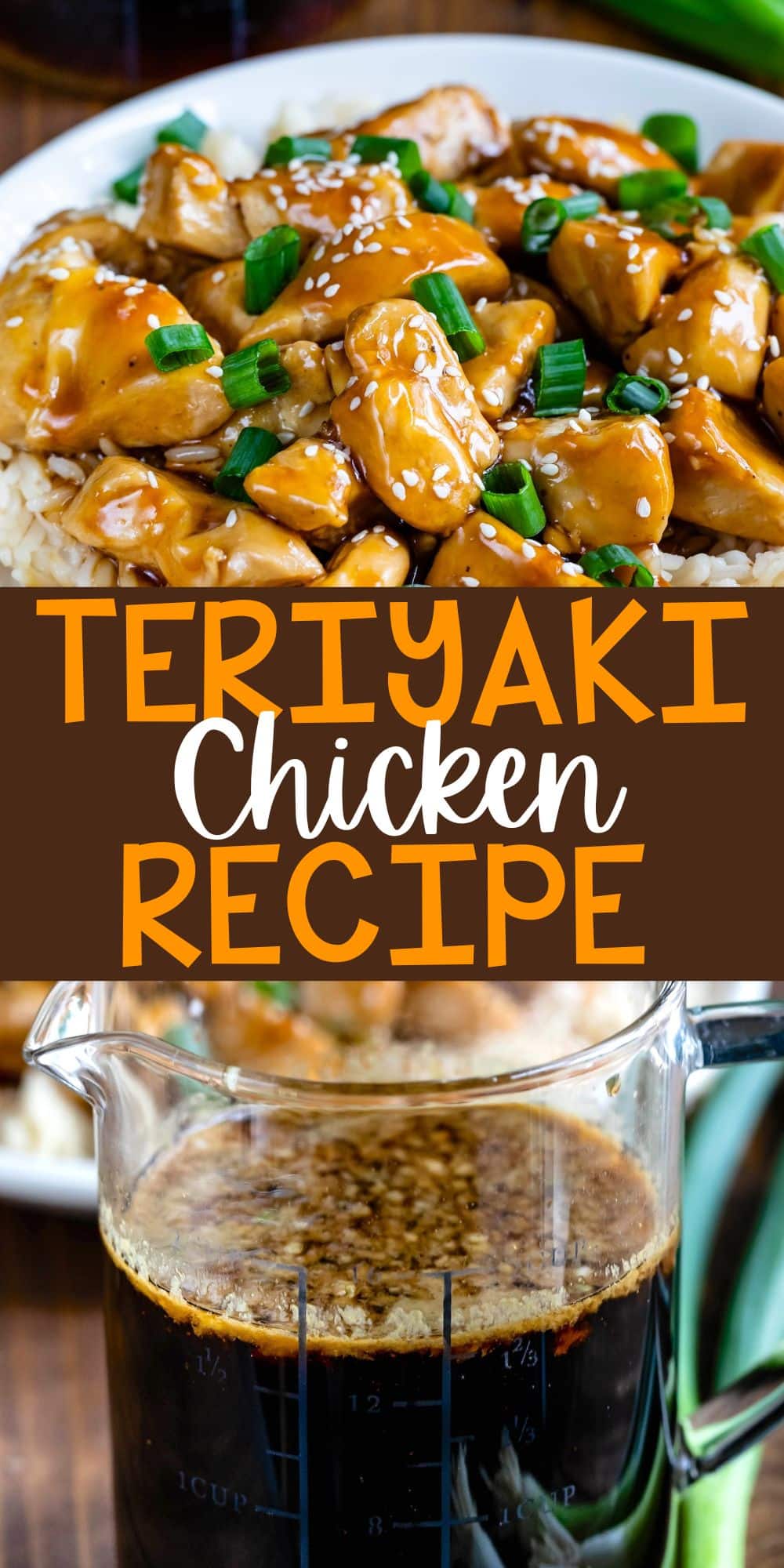 two photos of teriyaki chicken sitting on top of rice on a white plate with teriyaki sauce in the background with words on the image.