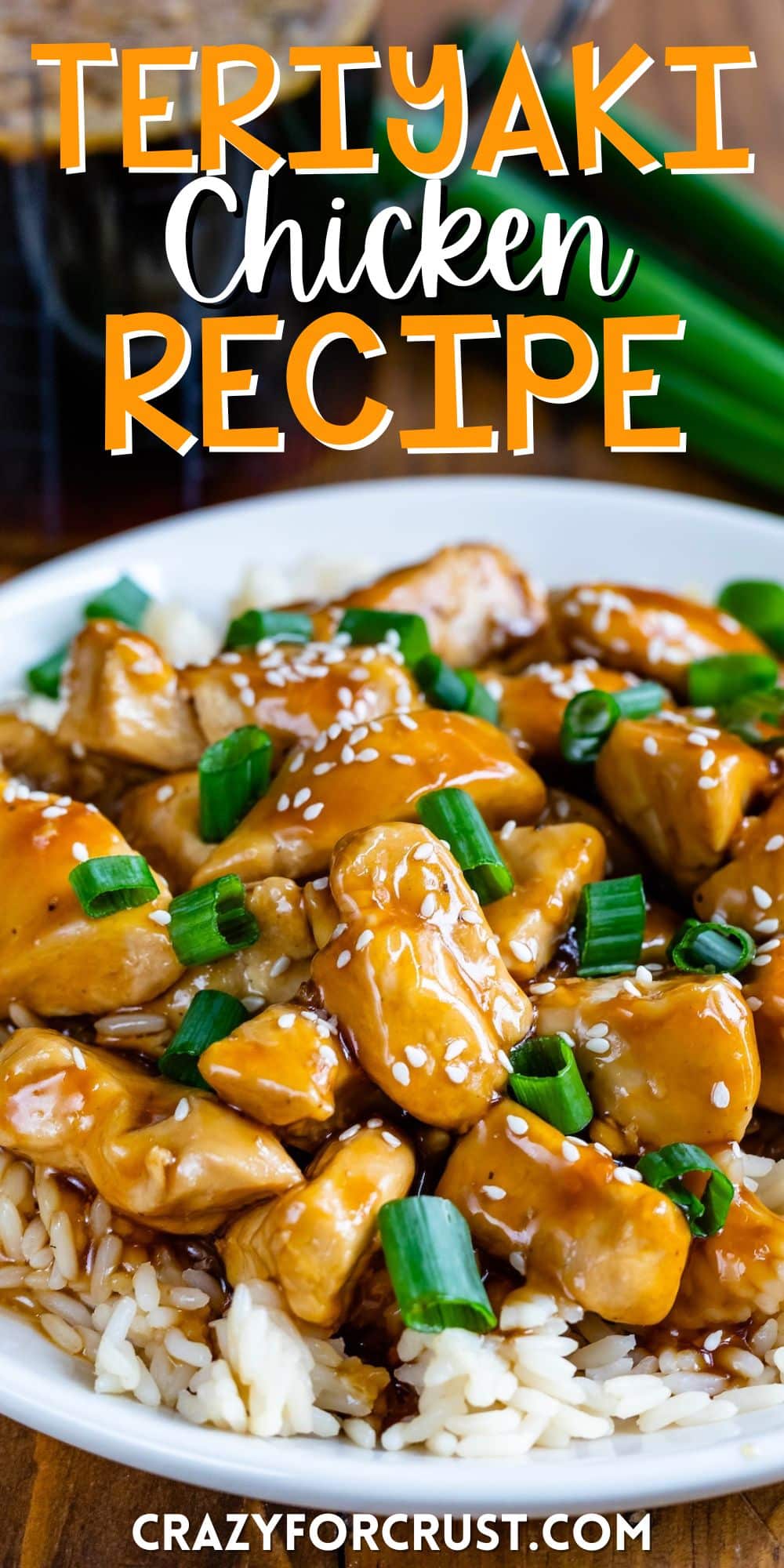 teriyaki chicken sitting on top of rice on a white plate with teriyaki sauce in the background with words on the image.