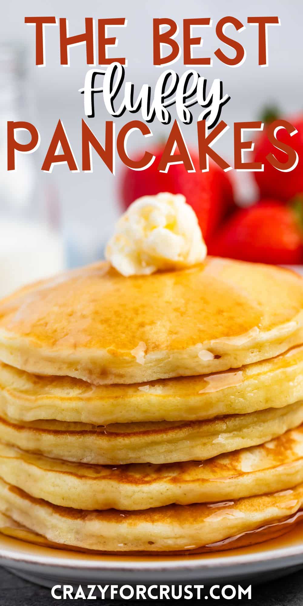 a stack of pancakes with syrup and butter on top with words on the image.