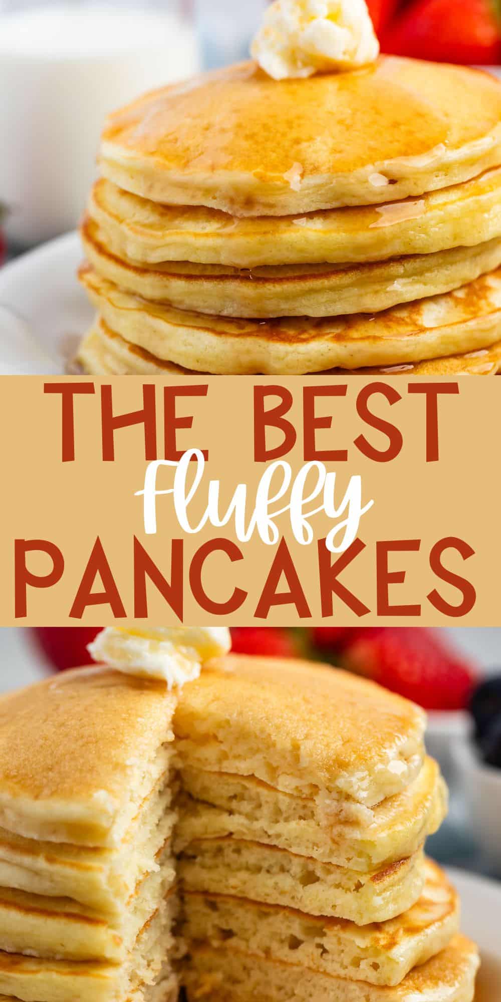 two photos of a stack of pancakes with syrup and butter on top with words on the image.