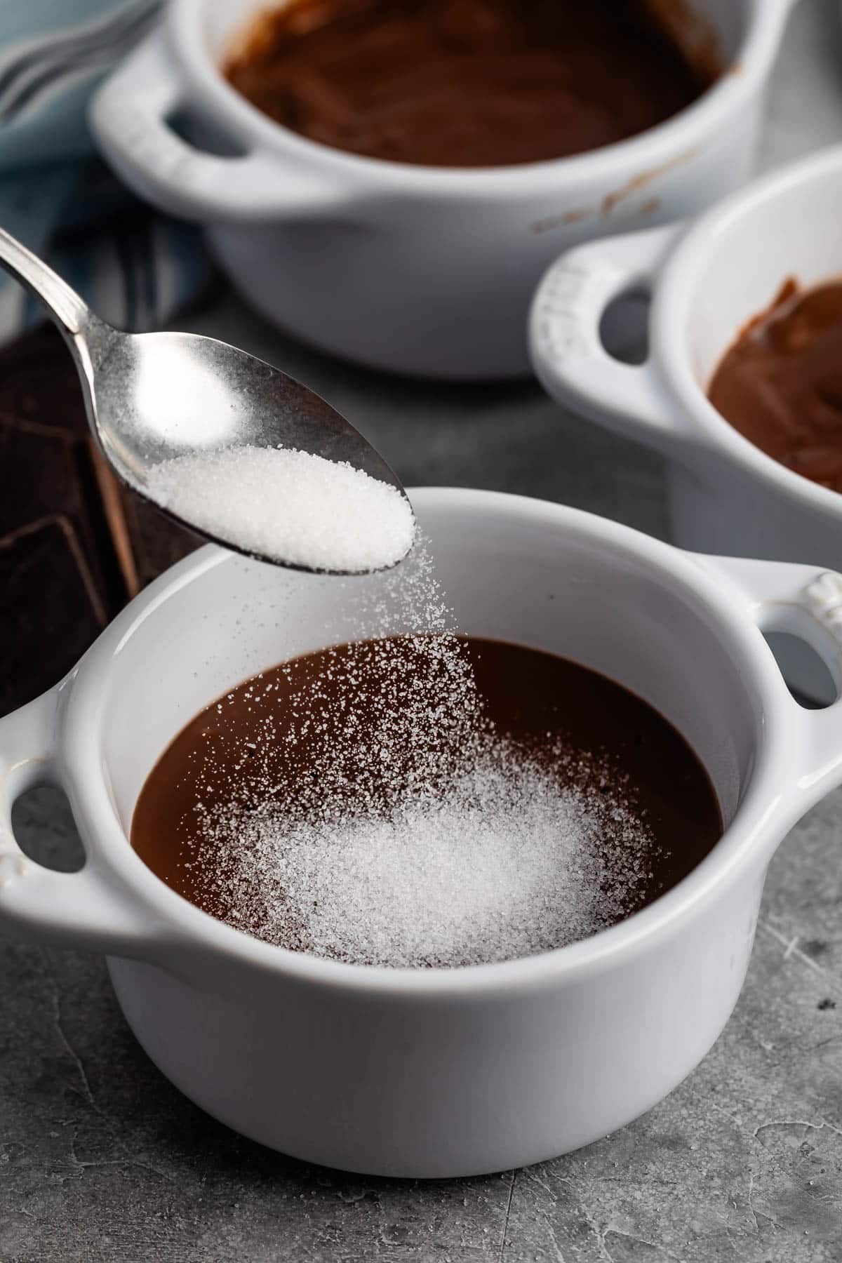 chocolate creme brûlée in a white mug.
