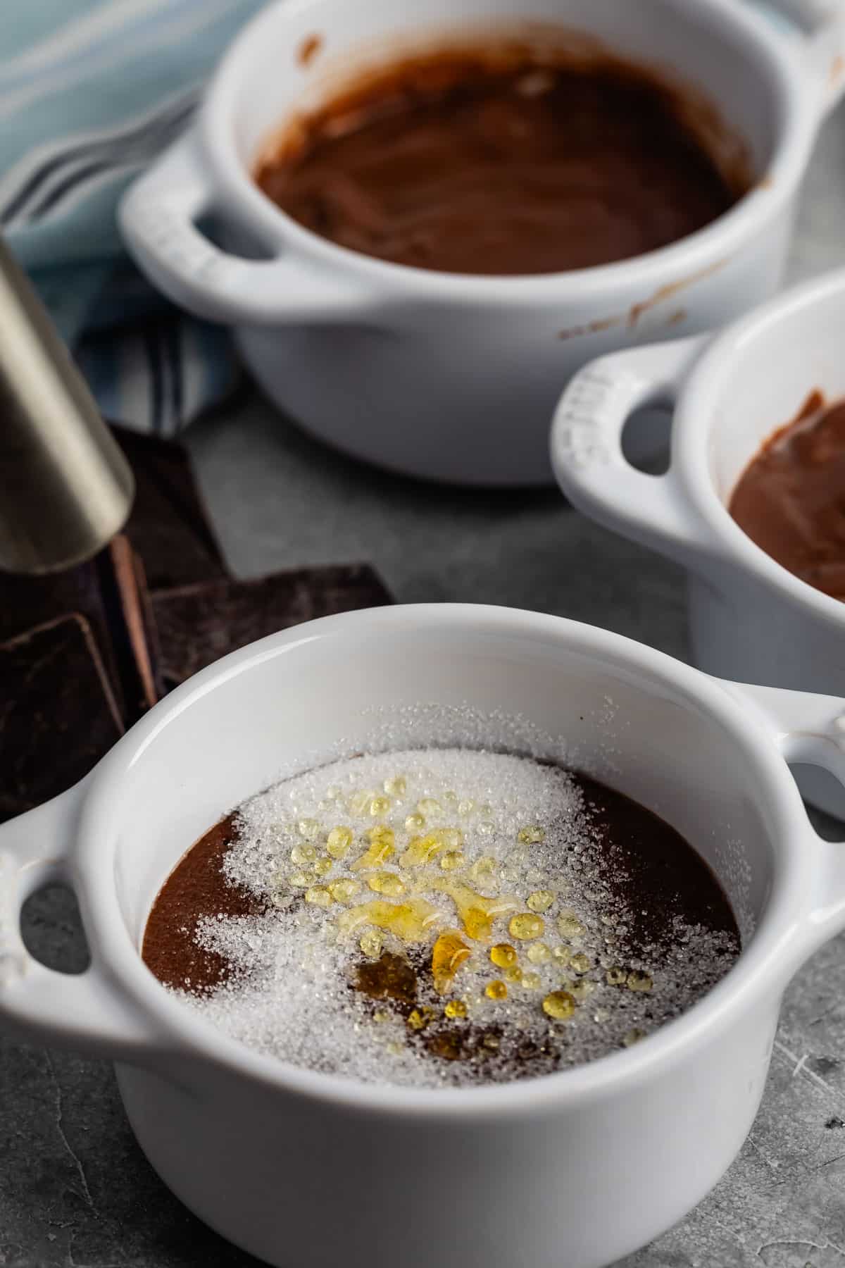 chocolate creme brûlée in a white mug.
