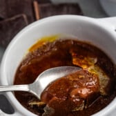 chocolate creme brûlée in a white mug.