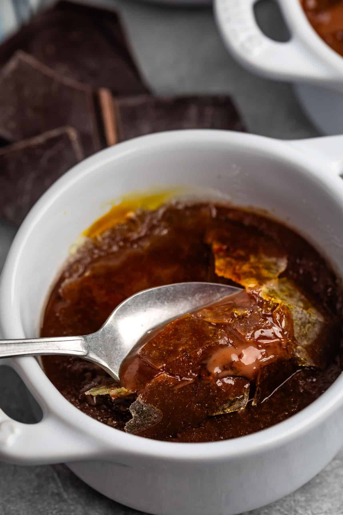 chocolate creme brûlée in a white mug.