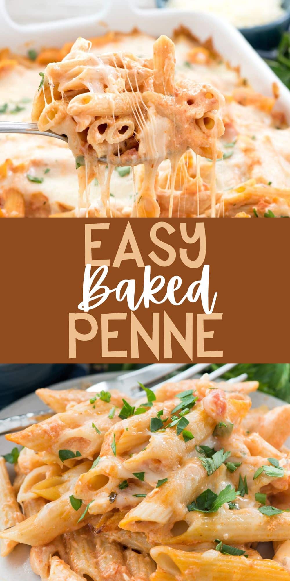two photos of baked penne being scooped out of a teal pan with a silver spoon with words on the image.