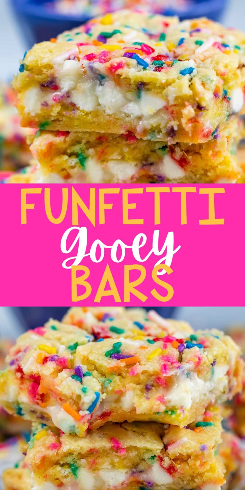 two photos of stacked funfetti bars with white chocolate chips and colorful sprinkles baked in with words on the image.