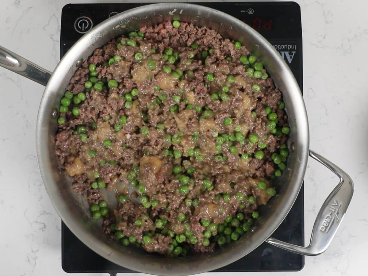 process shot of hamburger tater tot casserole.