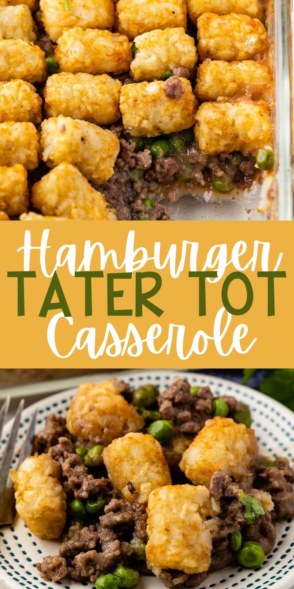 two photos of meat casserole with tater tots layered on top with words on the image.