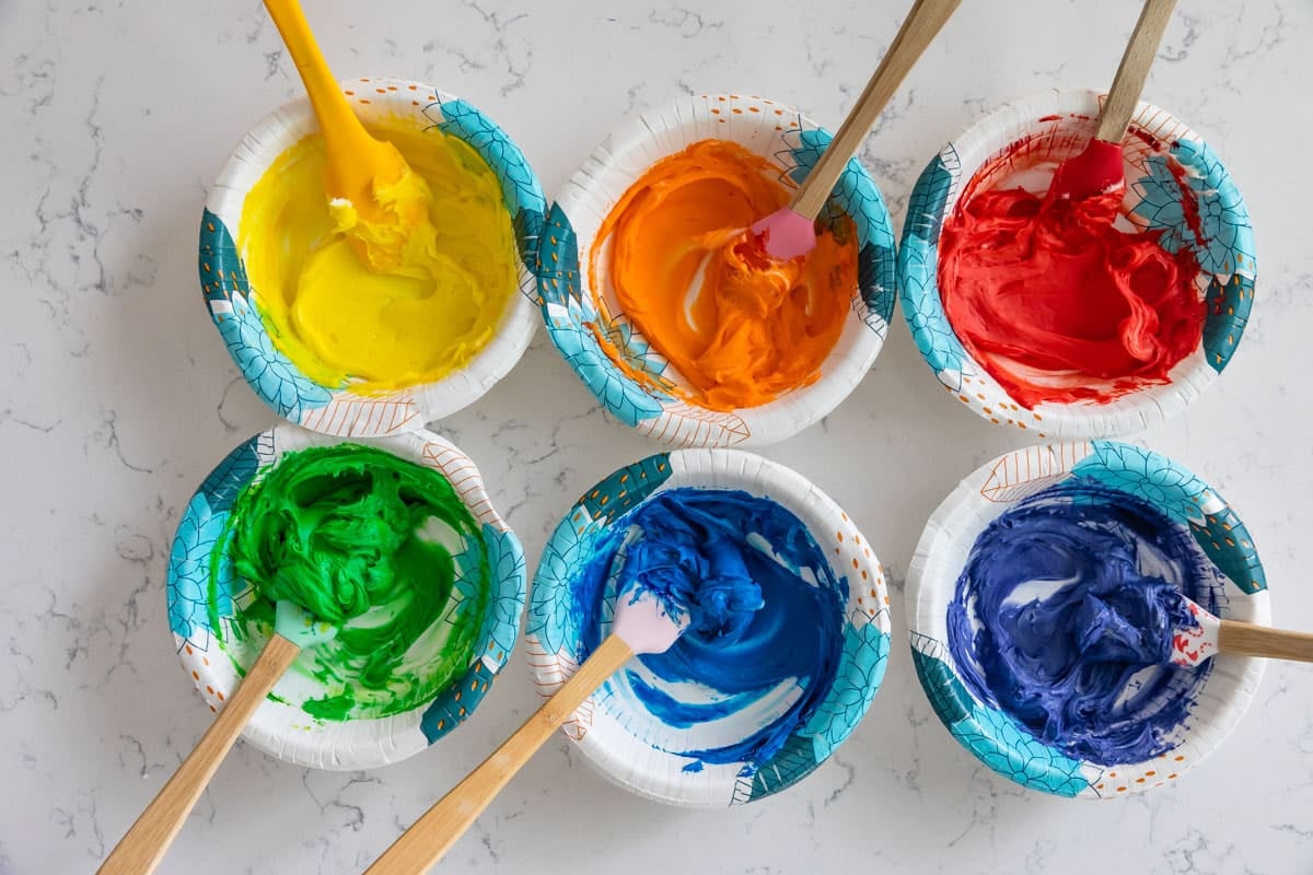 process shot of rainbow swirl frosting.