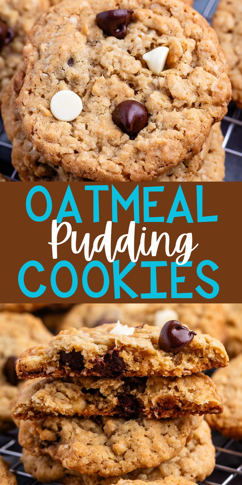 two photos of stacked oatmeal cookies with white and regular chocolate chips baked in with words on the image.