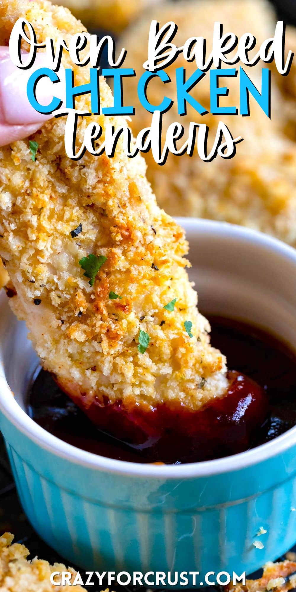 hand holding a chicken tender being dipped in BBQ sauce in a blue bowl with words on the image.