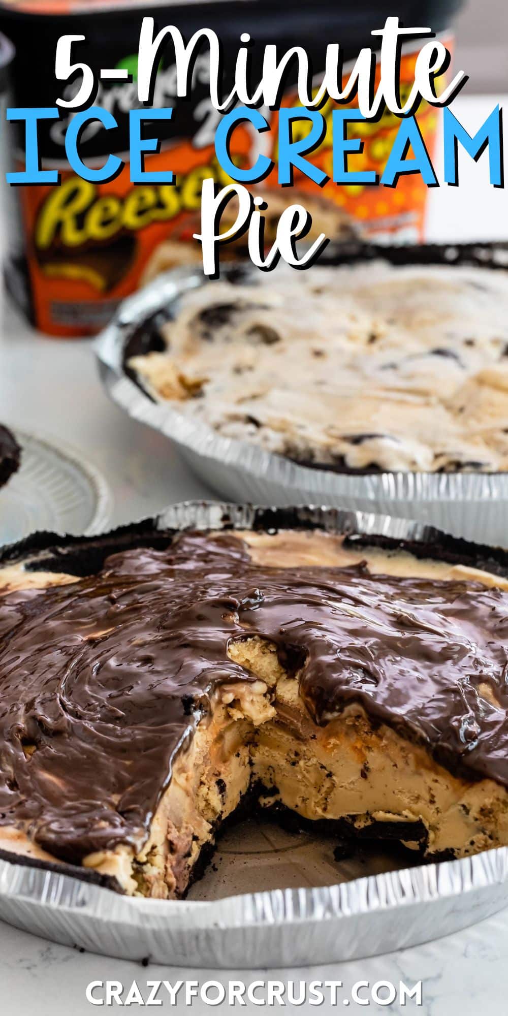 ice cream pie with chocolate on top in a metal pan with words on the image.