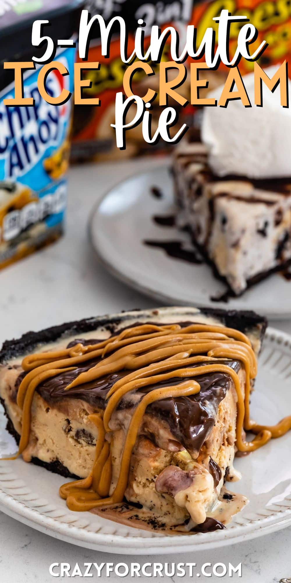 ice cream pie with chocolate on top on a grey plate with words on the image.