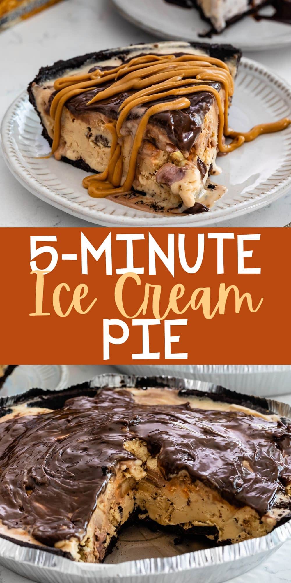 two photos of ice cream pie with chocolate on top on a grey plate with words on the image.