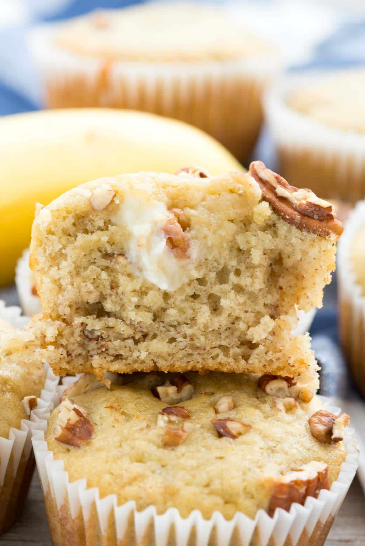stacked banana muffins with cream cheese and pecan baked in.