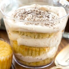 tiramisu in a clear plastic cup.