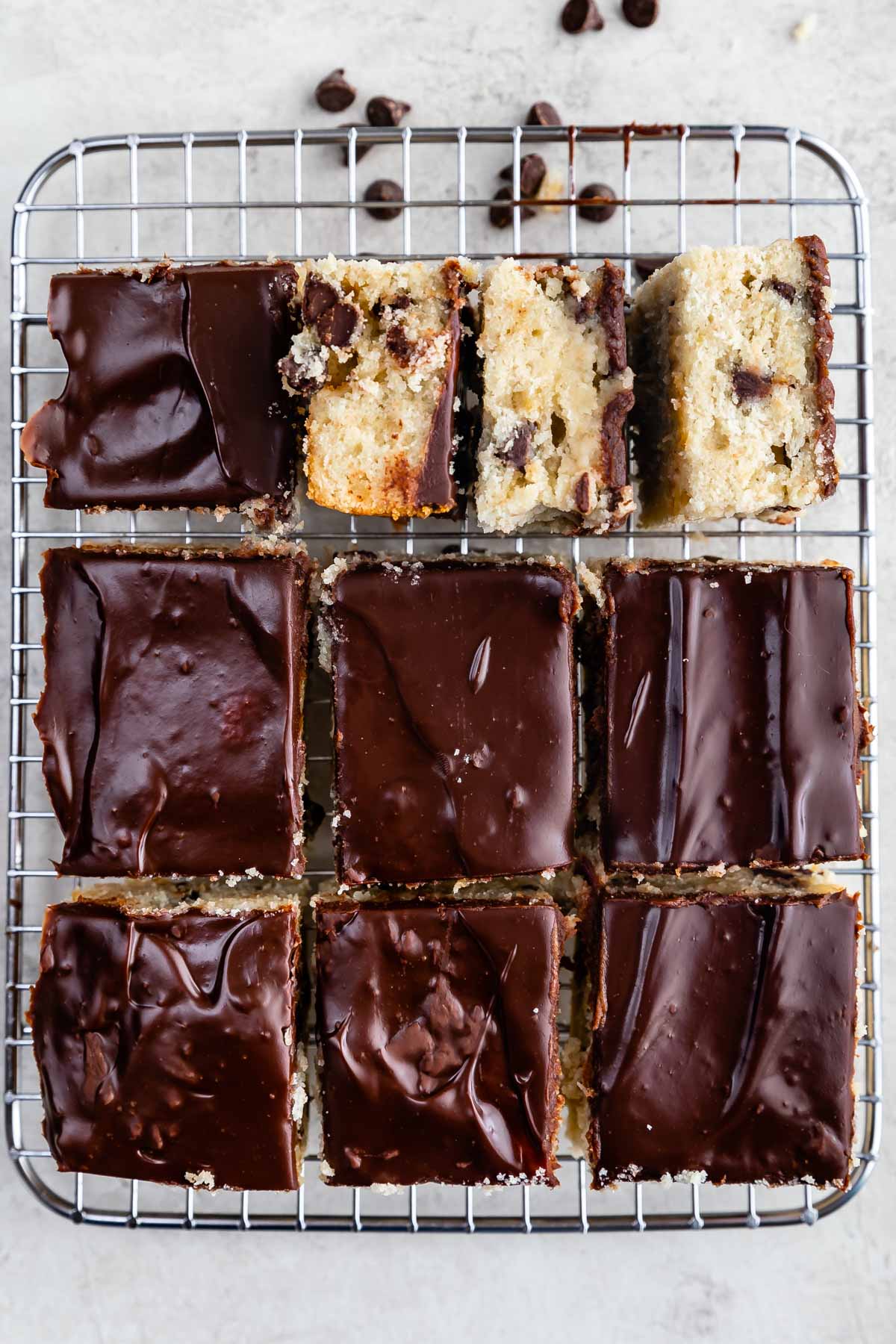 stacked banana bars with chocolate chips baked in.