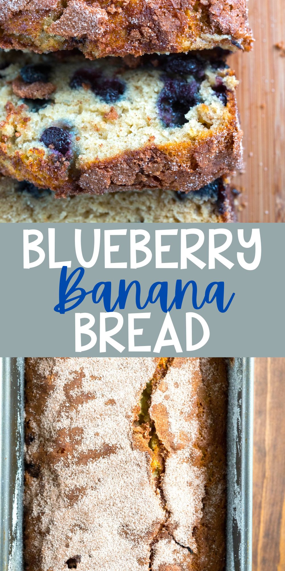 two photos of sliced banana bread with blueberries baked in on a cutting board with words on the image.