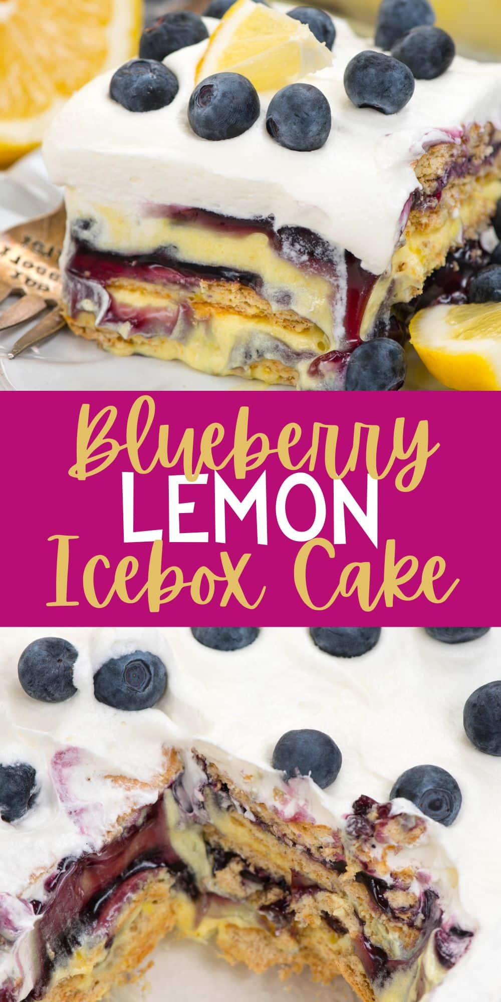 two photos of square slice of cake with blueberries and lemons on top with words on the image.