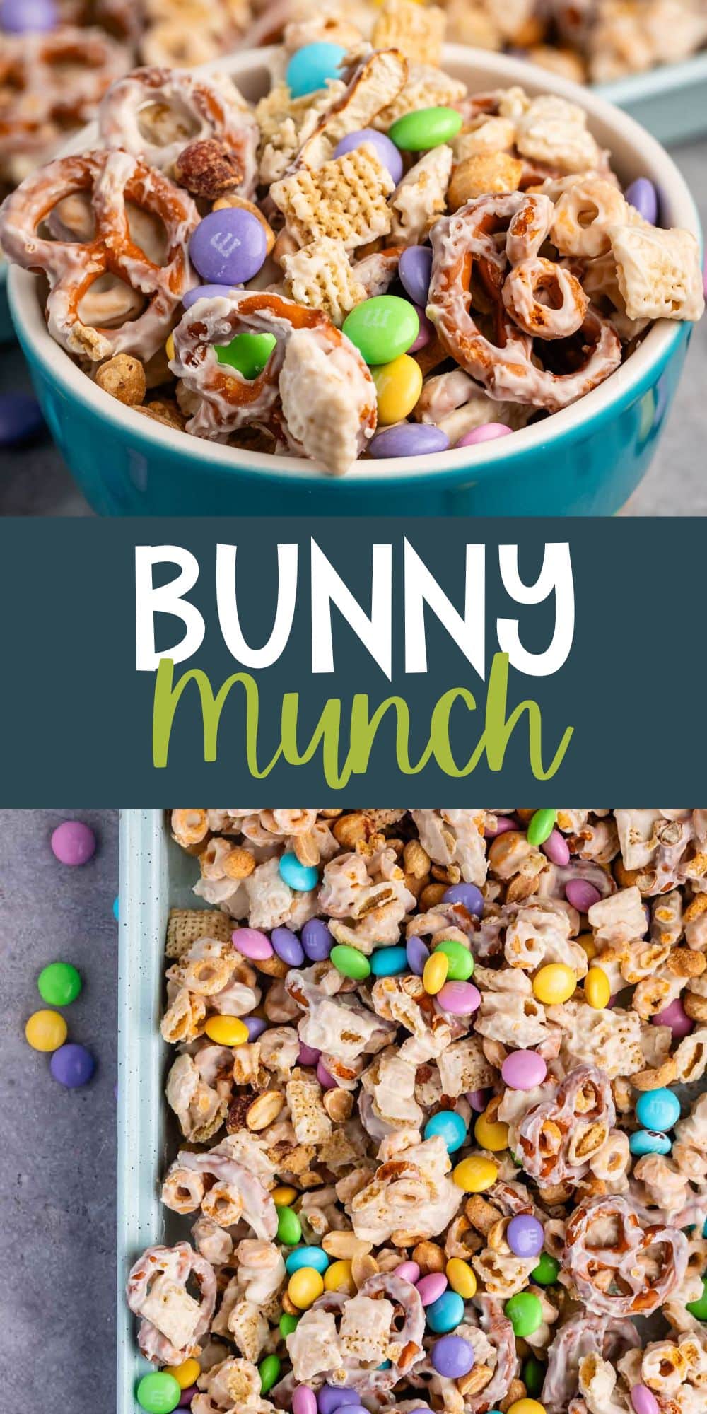 two photos of bunny munch mixed in a teal bowl with white chocolate with words on the image.