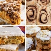 A collage of four close-up images showcases Carrot Cake Recipes: crumb cake, cinnamon rolls, carrot cake bars with frosting, and carrot cake cookies topped with cream cheese frosting.
