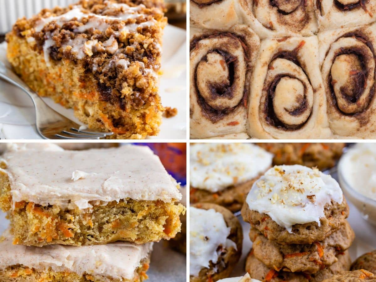 A collage of four close-up images showcases Carrot Cake Recipes: crumb cake, cinnamon rolls, carrot cake bars with frosting, and carrot cake cookies topped with cream cheese frosting.
