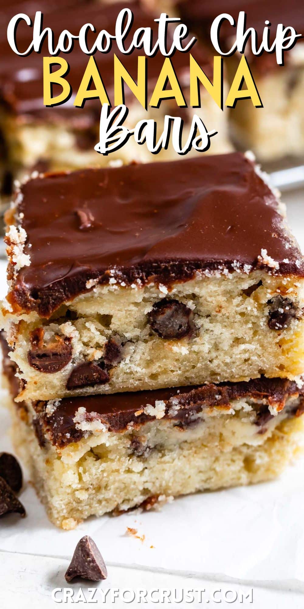 stacked banana bars with chocolate chips baked in with words on the image.