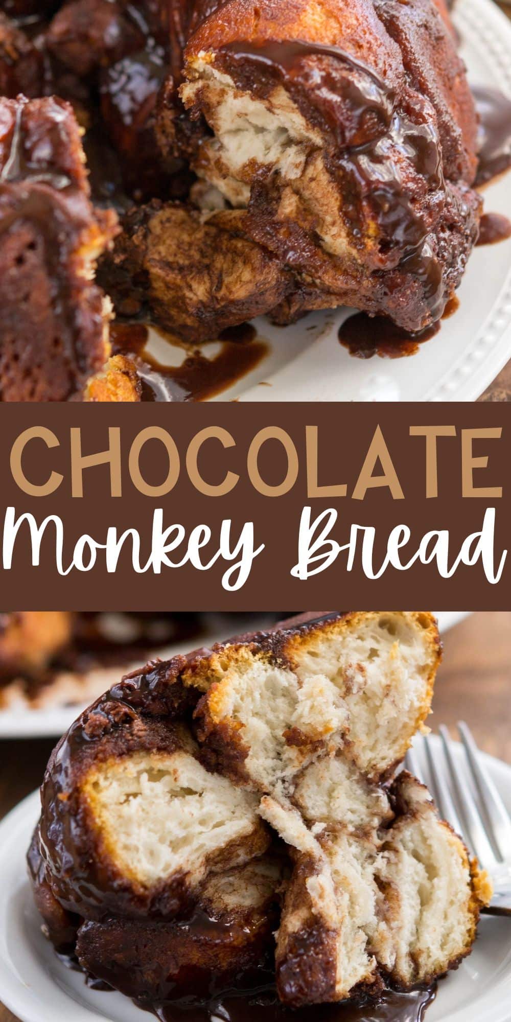 two photos of round monkey bread on a white plate with chocolate oozing with the sides with words on the image.