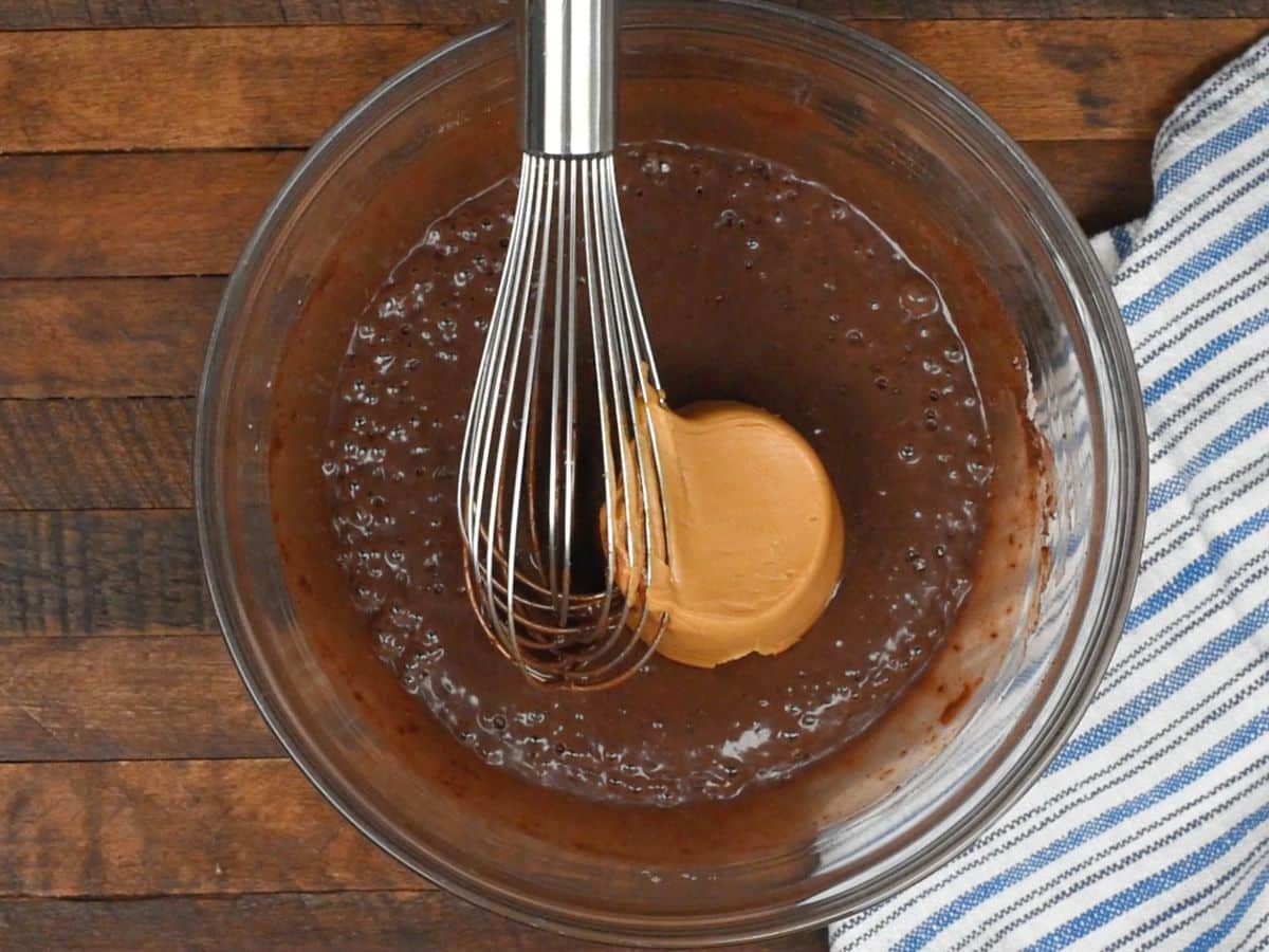 chocolate peanut butter pie process shot.