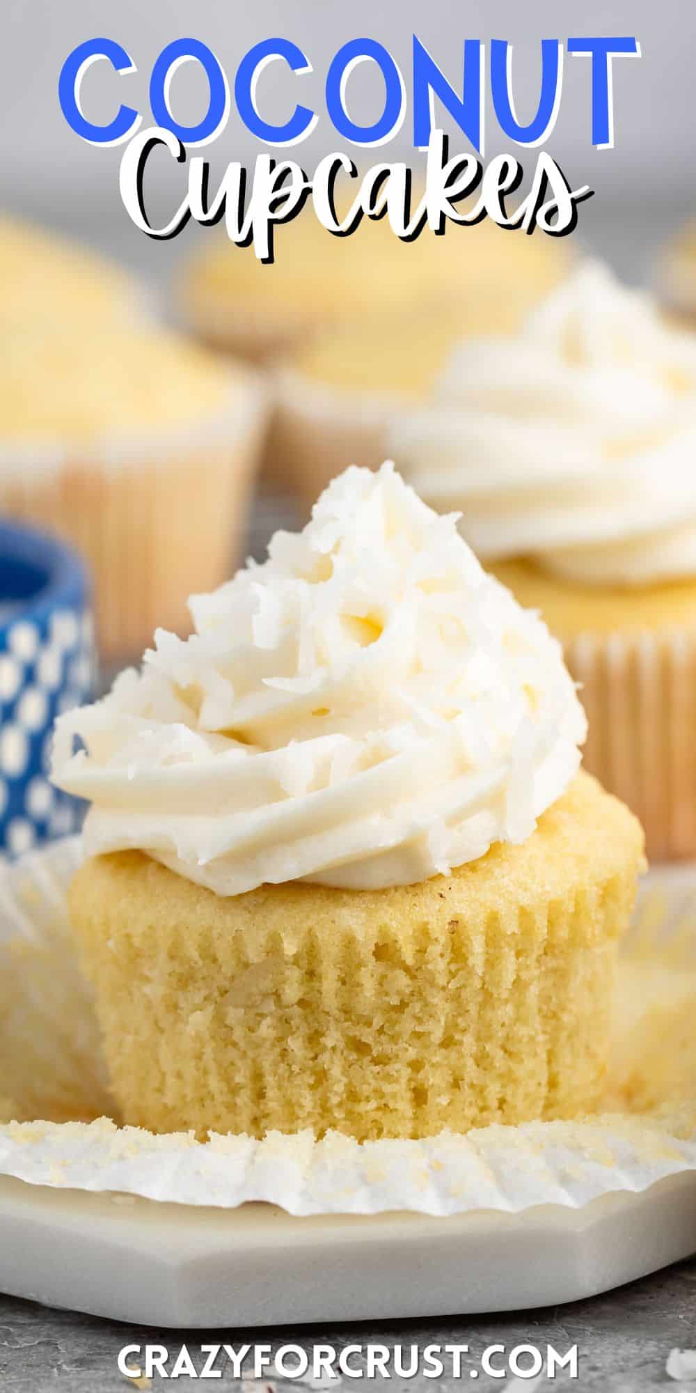 cupcakes with buttercream frosting and coconut shredded on top with words on the image.