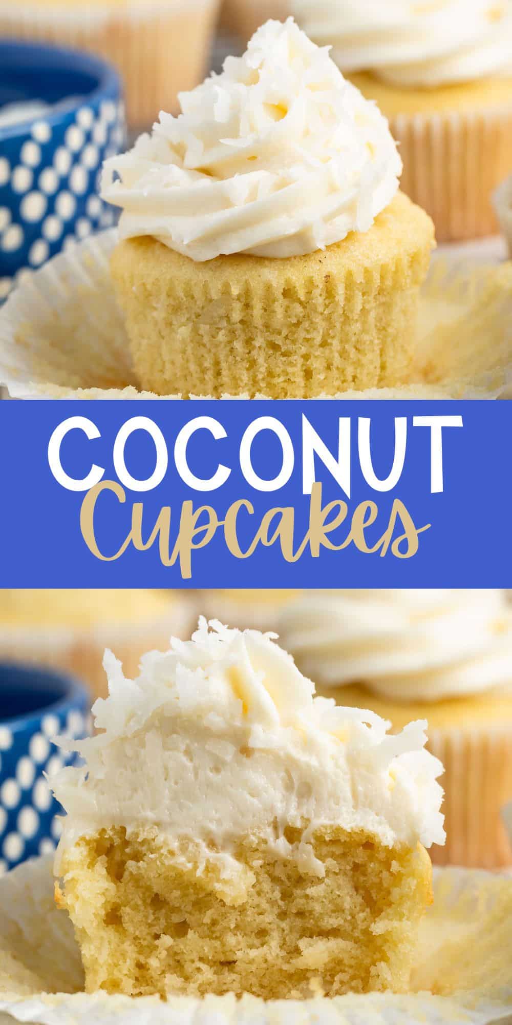 two photos of cupcakes with buttercream frosting and coconut shredded on top with words on the image.