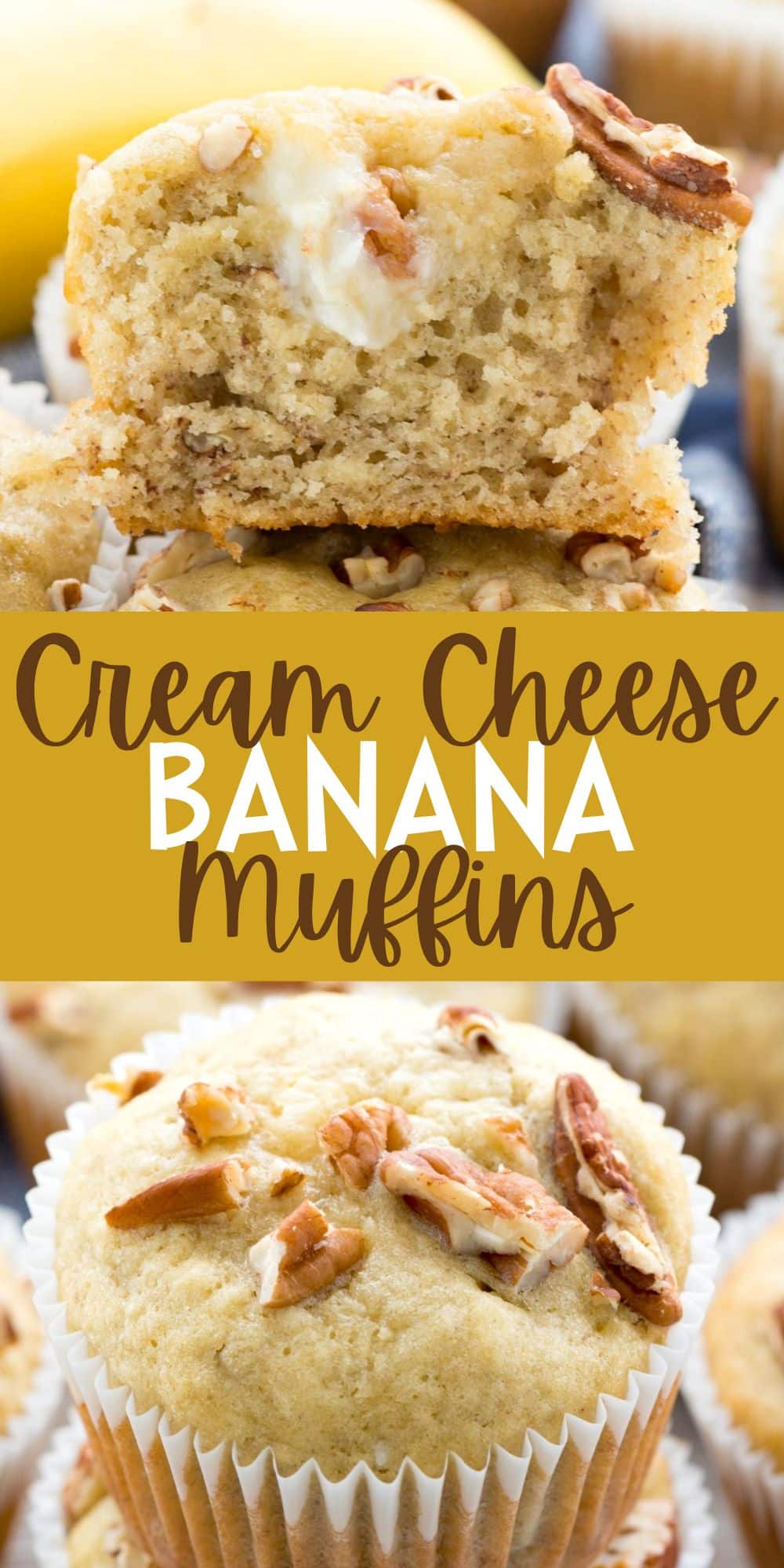 two photos of stacked banana muffins with cream cheese and pecan baked in with words on the image.