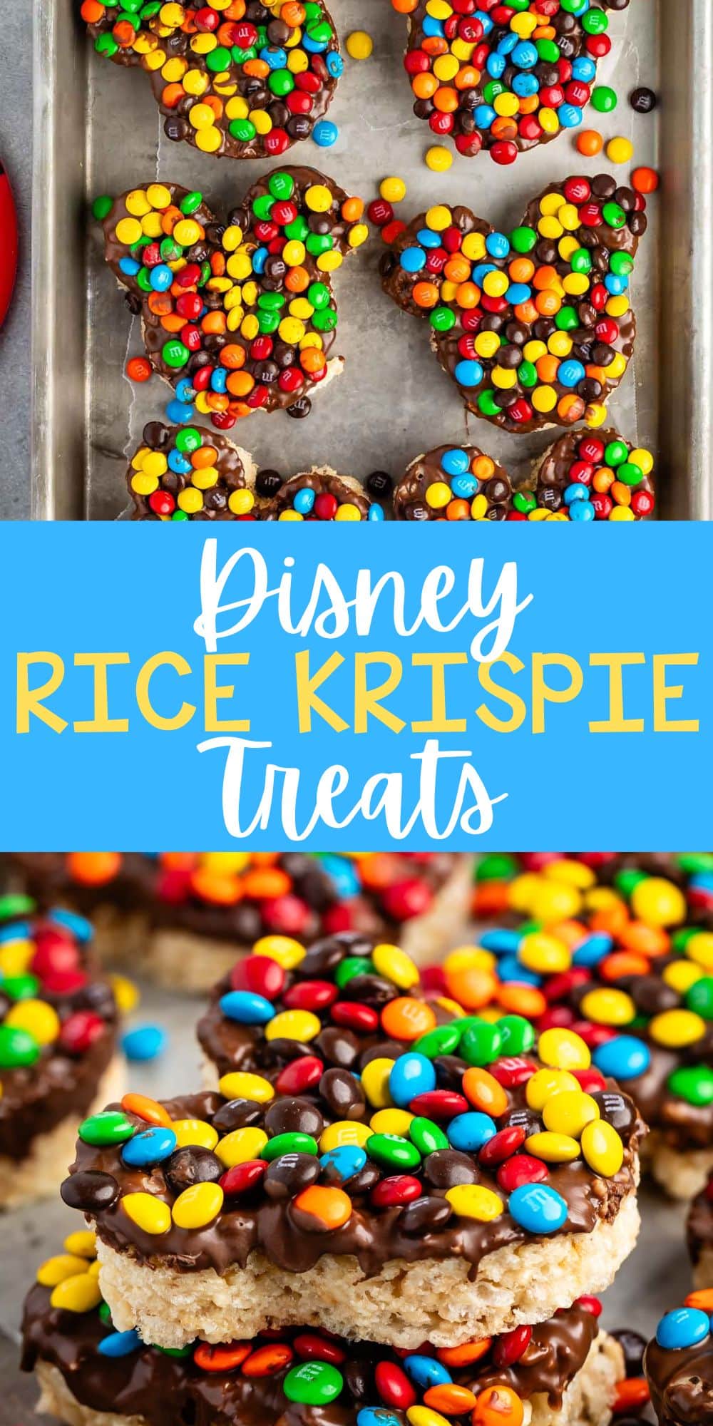 two photos of Mickey Mouse shaped Rice Krispie treats covered in chocolate and colorful M&Ms with words on the image.
