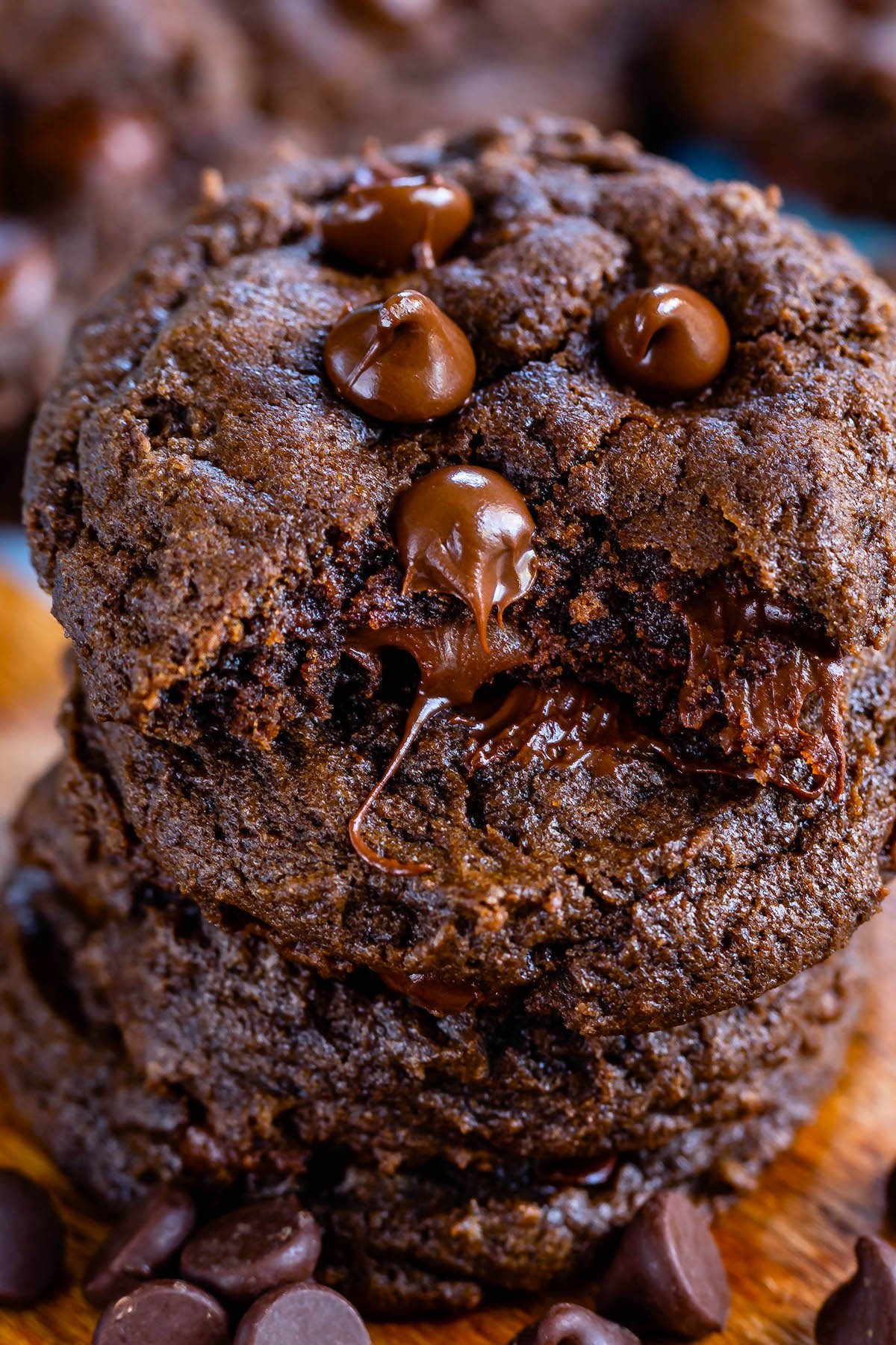 stacked chocolate cookies with chocolate chips baked in.