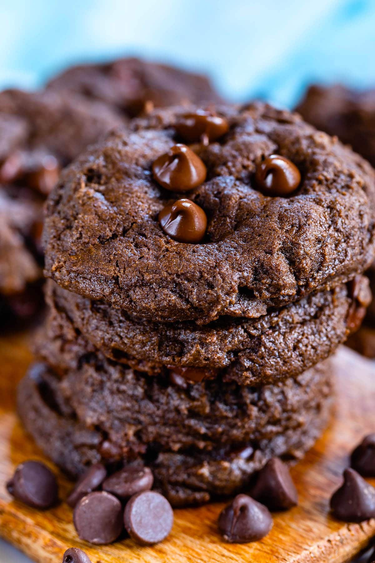 stacked chocolate cookies with chocolate chips baked in.