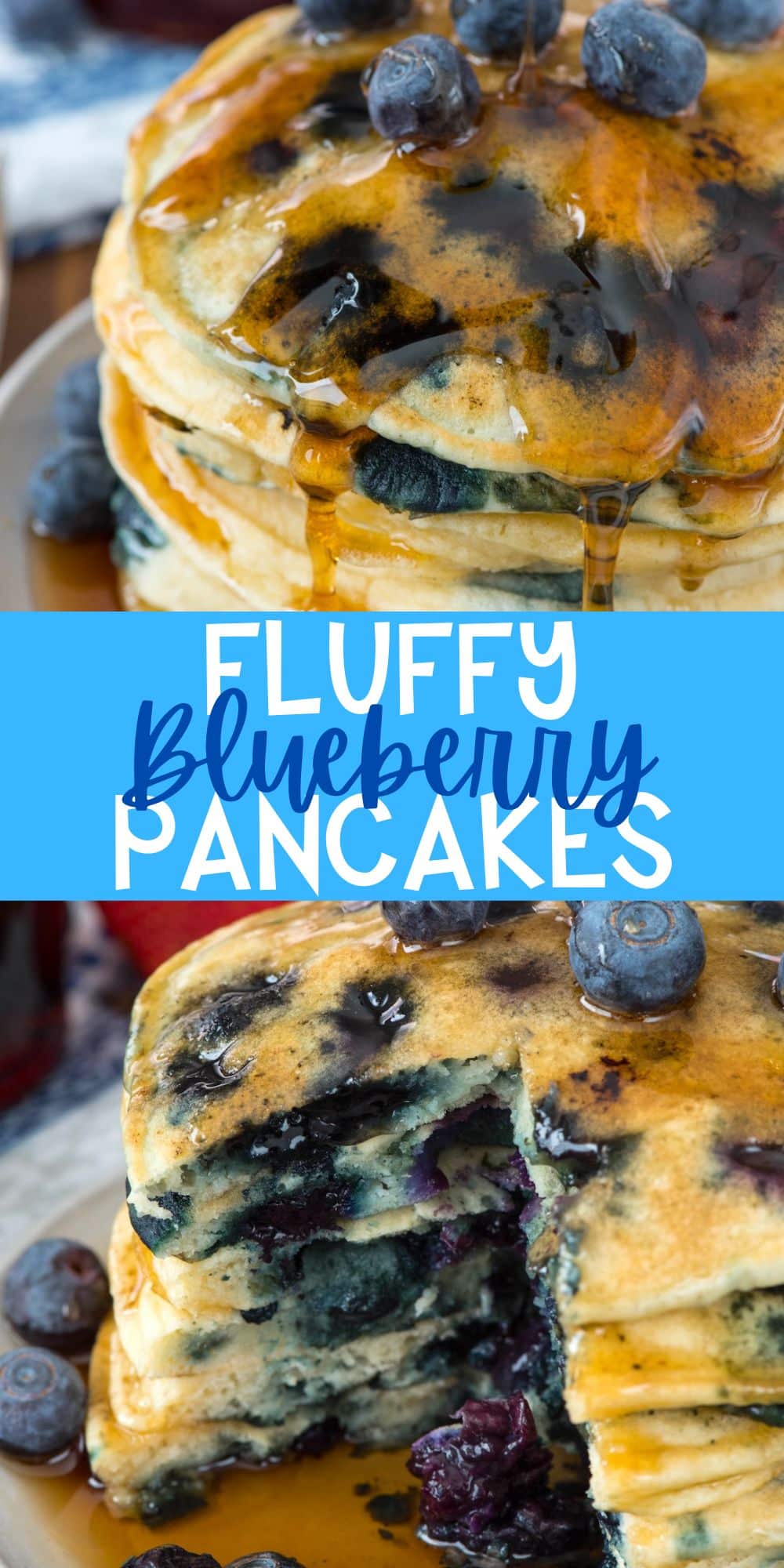two photos of stacked pancakes with blueberries baked in and covered in syrup with words on the image.