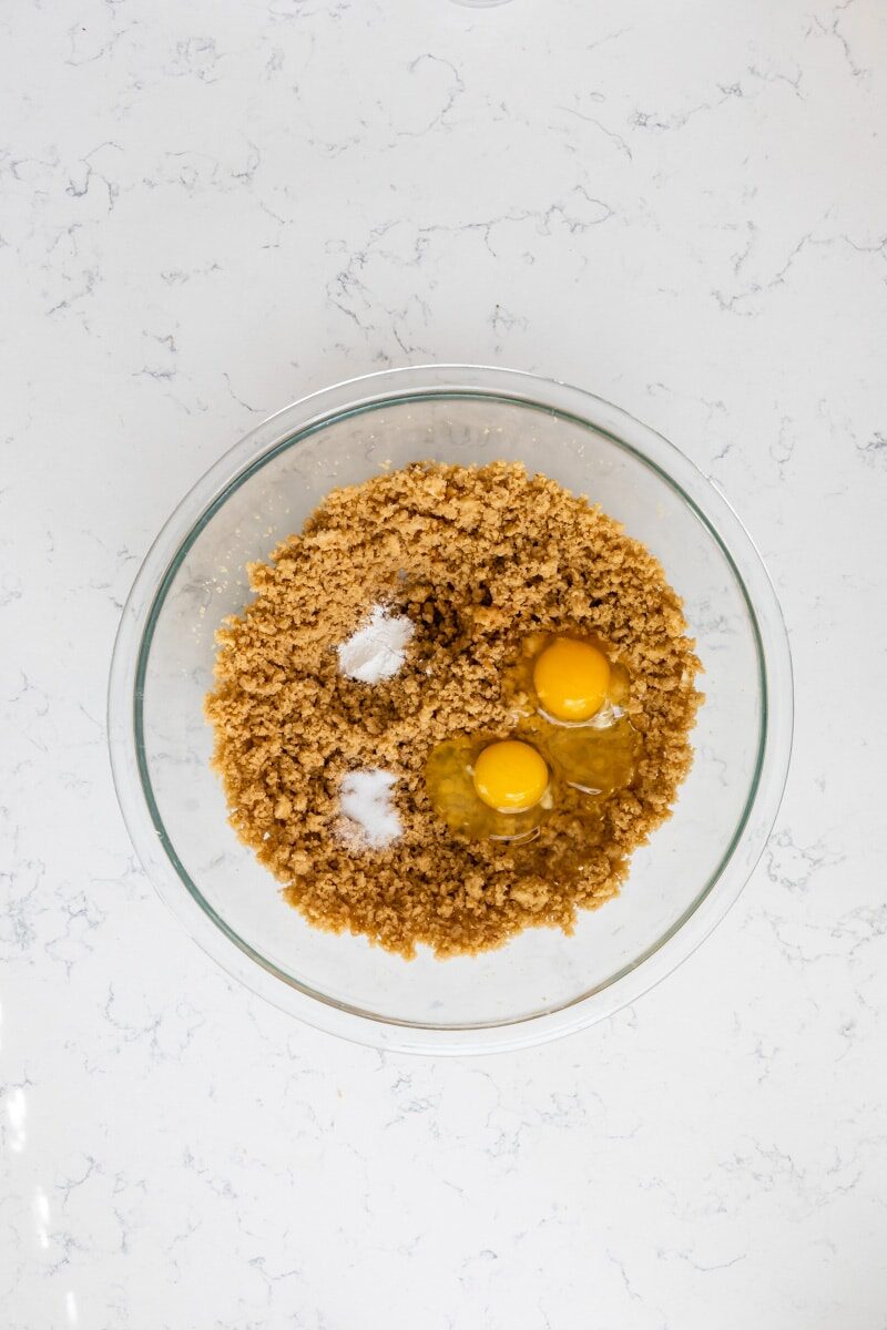 brown sugar and butter creamed in bowl with egg, vanilla, salt, and baking powder