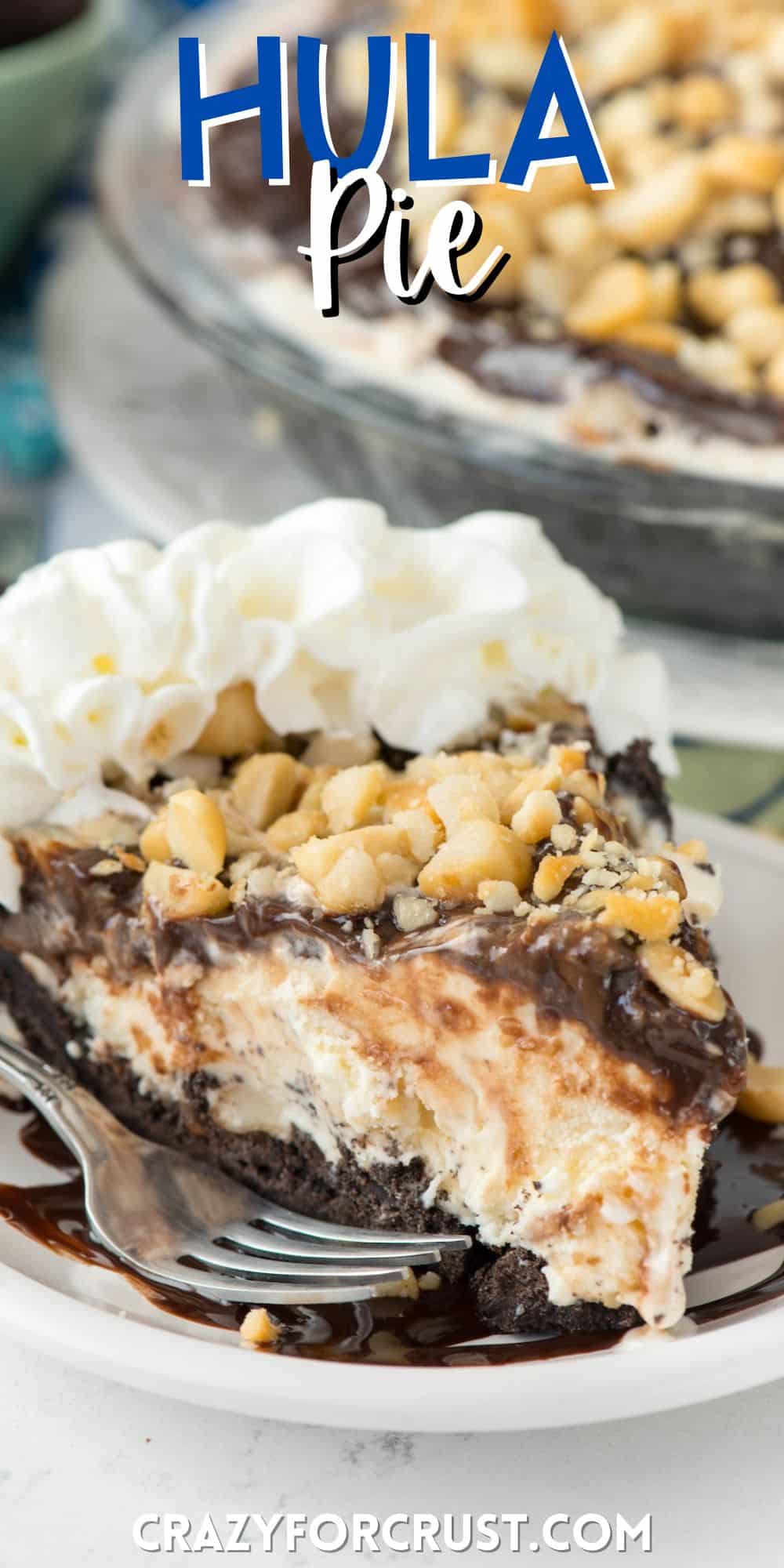 one slice of ice cream pie with chocolate sauce and macadamia nuts on top with words on the image.