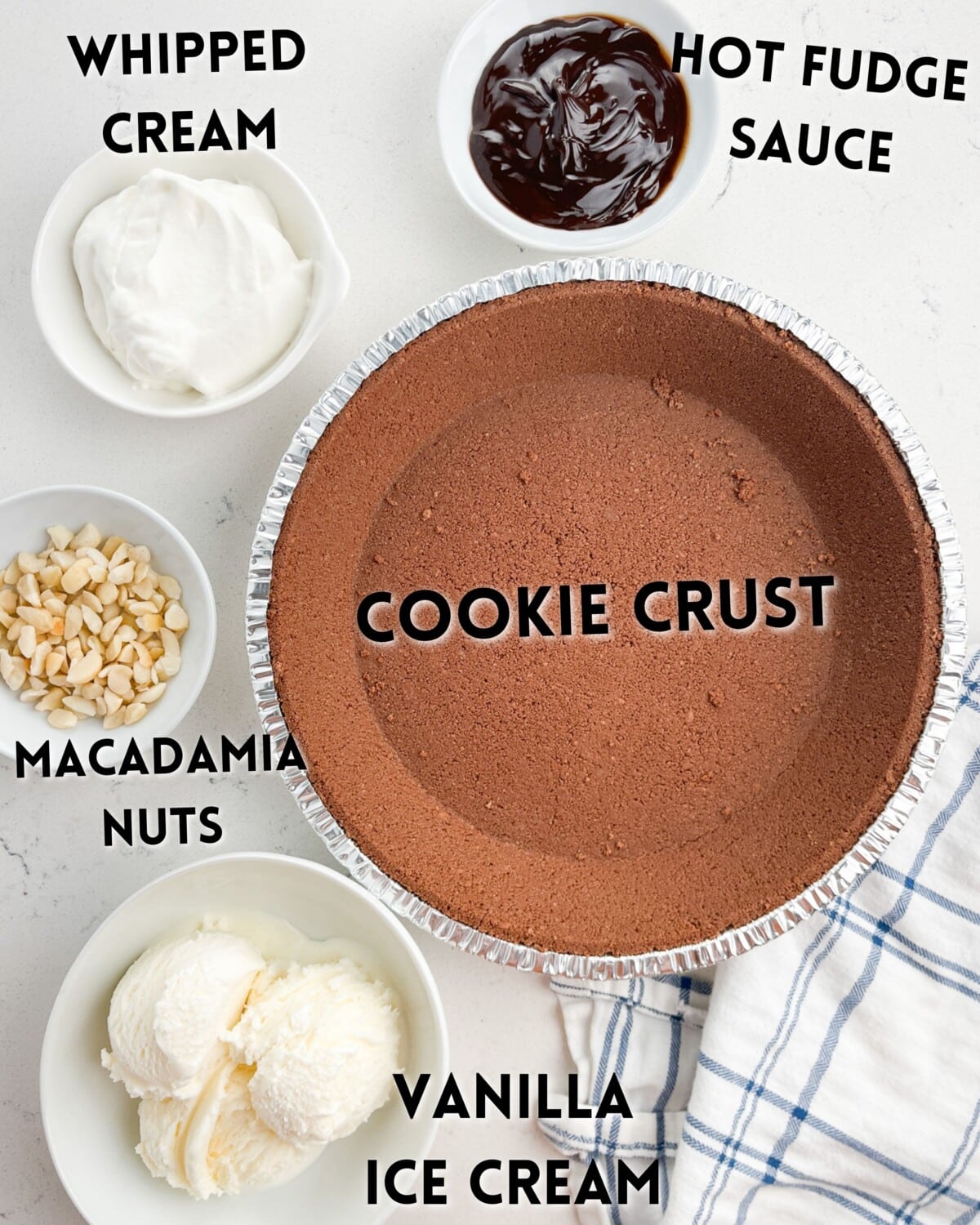 ingredients in hula pie laid out on a white countertop.