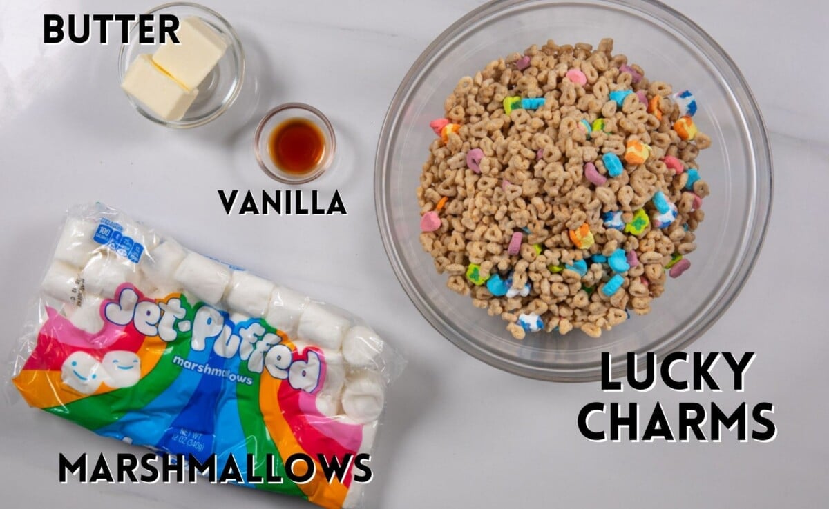 ingredients in lucky charms laid out on a marble countertop.