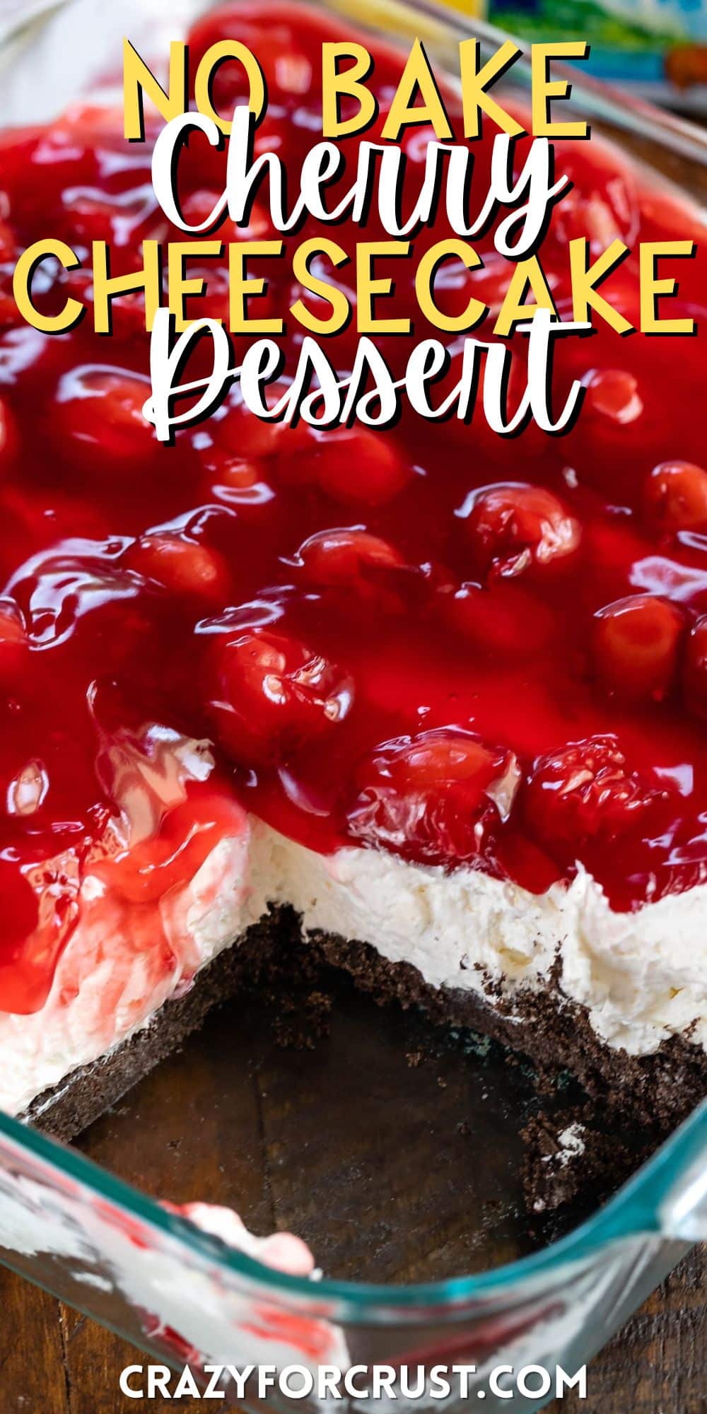 layered dessert topped with cherries with words on the image.