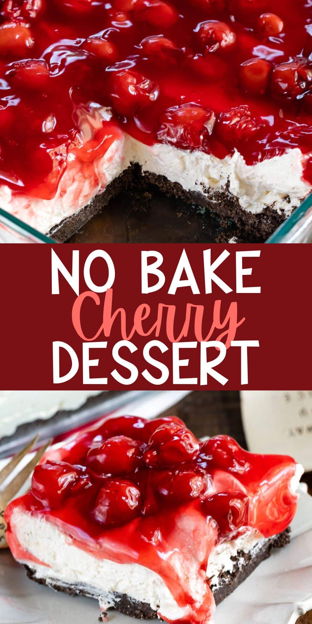 two photos of layered dessert topped with cherries with words on the image.