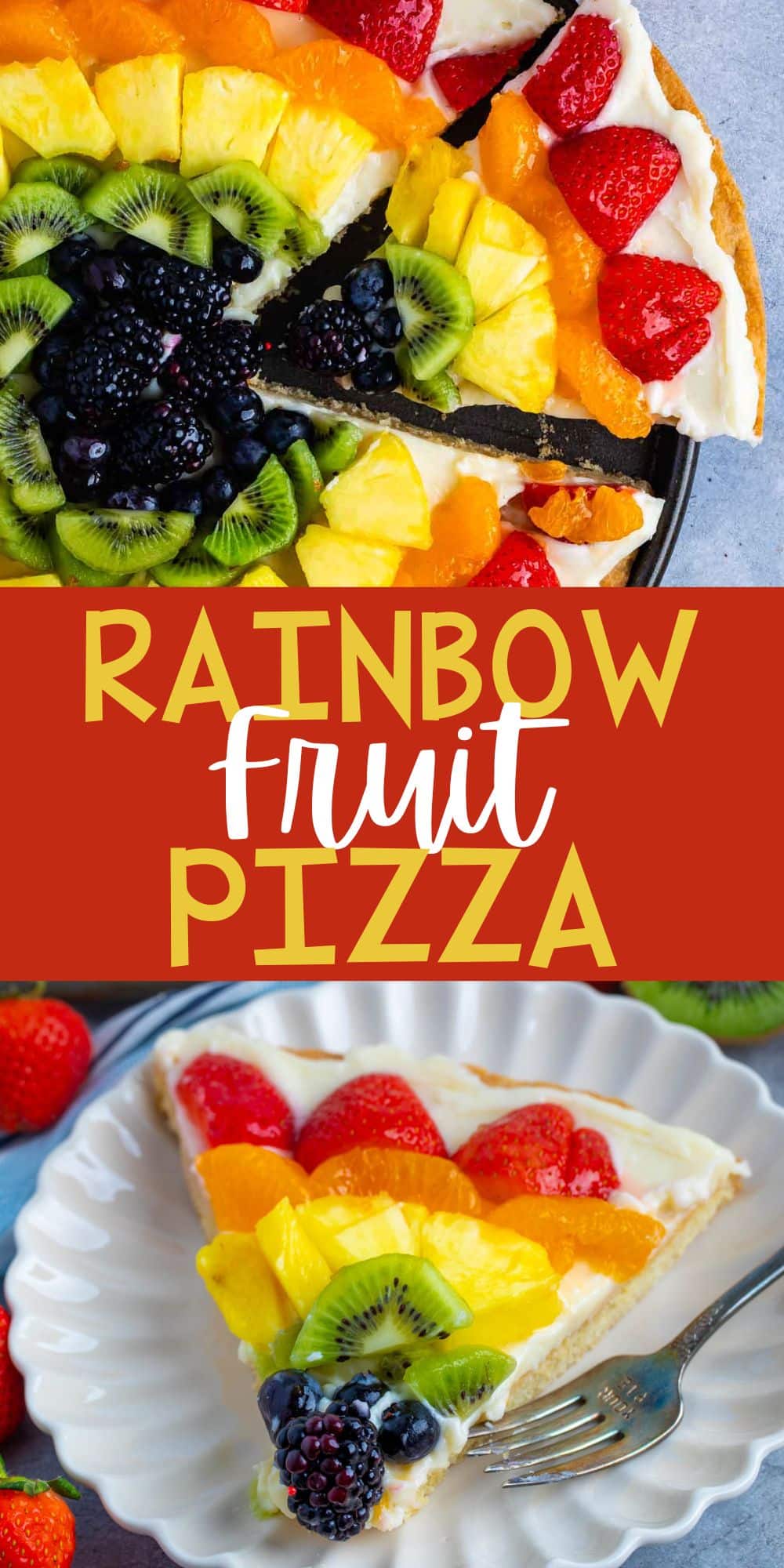 two photos of all types of fruit laid in rainbow order on a circular piece of dough with words on the image.